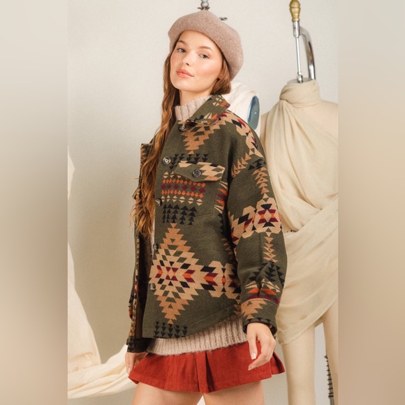 Aztec Print Olive Shacket - Picture 3 of 8